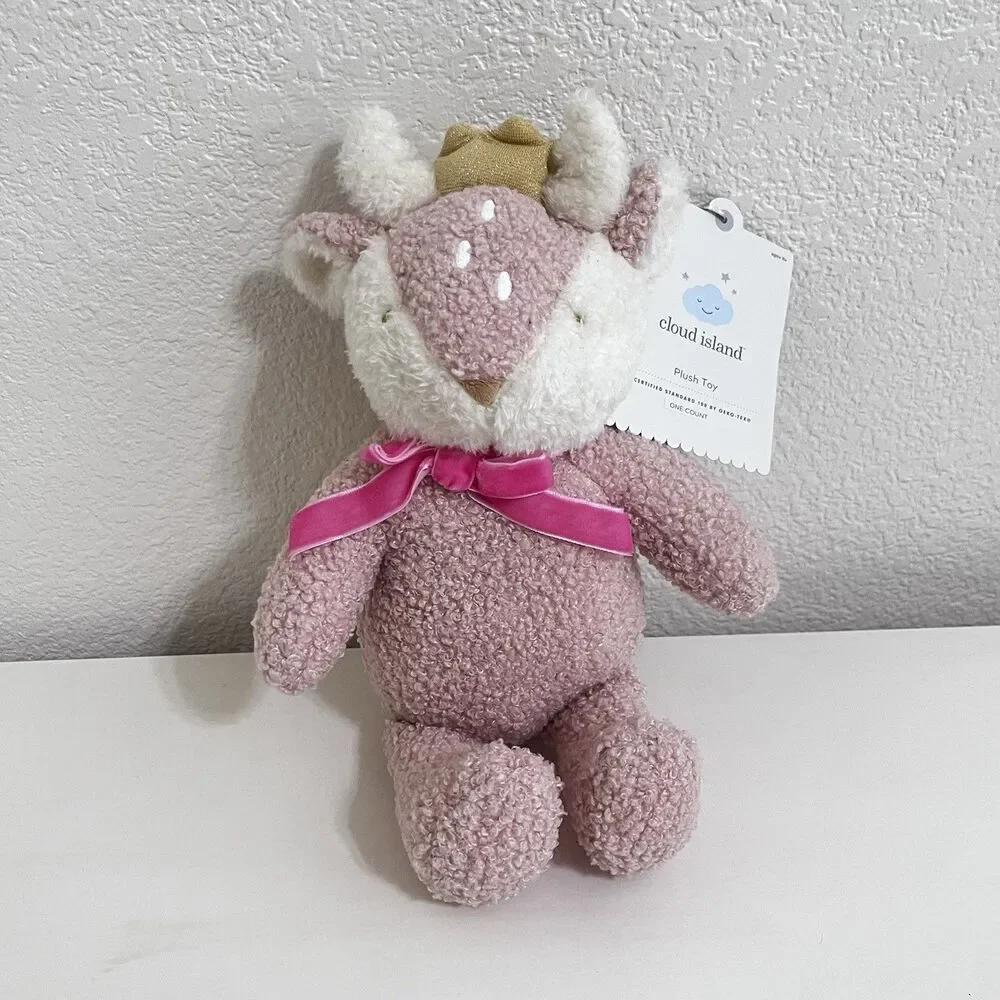Cloud Island Pink Curly Fur Fawn Deer Plush Lovey with Crown Lovie 12
